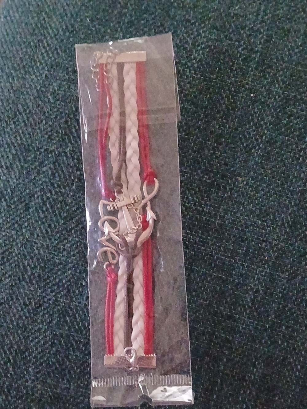 Red and White Braided Multi-Strand 'Love' Charm Bracelet